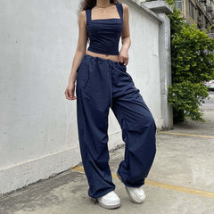 Drawstring solid low rise pocket wide leg baggy pant