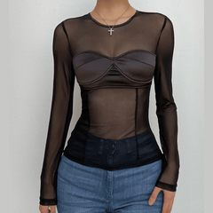 Mesh solid long sleeve corset patchwork crewneck top - Final Sale