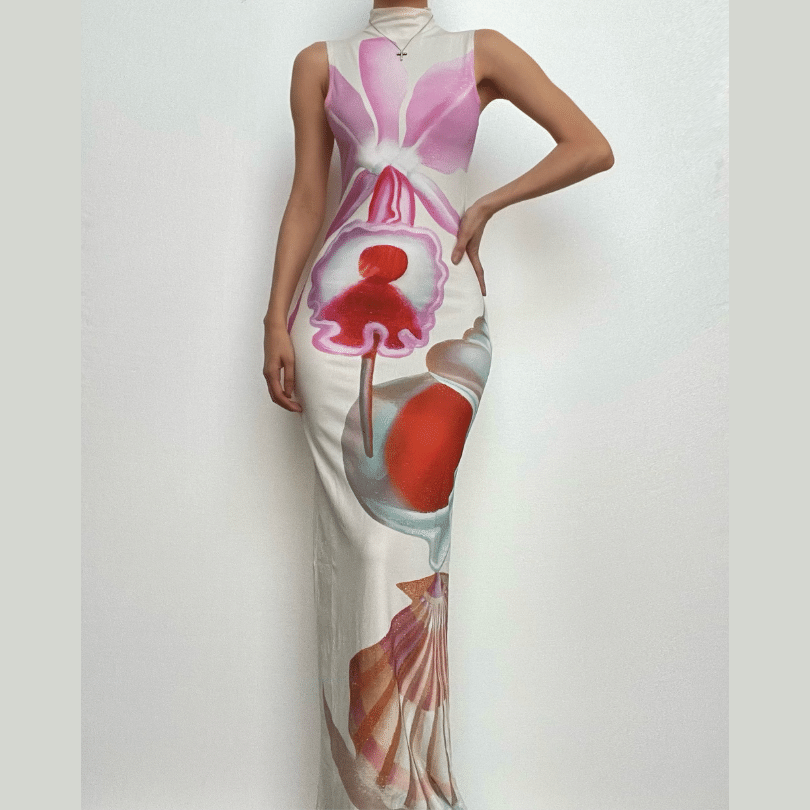 Abstract contrast print high neck sleeveless slit maxi dress