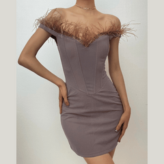 Feather backless zip-up off shoulder corset mini dress - Final Sale