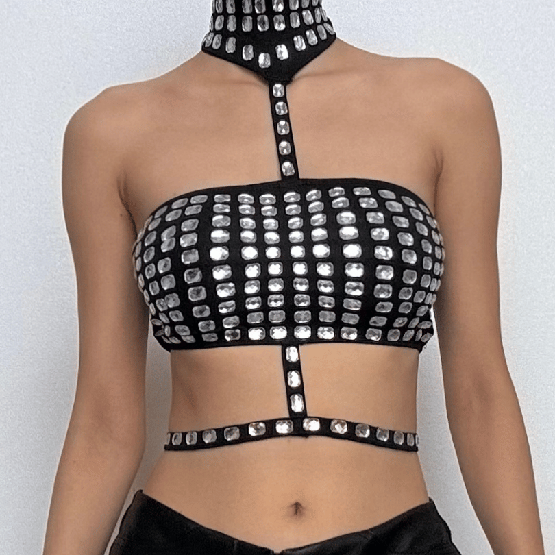 Beaded contrast halter hollow out backless crop cut out top