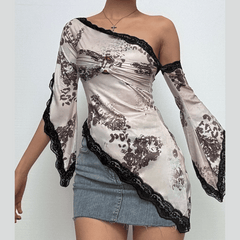 Long flared sleeve lace hem off shoulder o ring ruched print irregular top