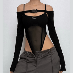 Buckle mesh off shoulder long sleeve solid shrug 2 piece bodysuit