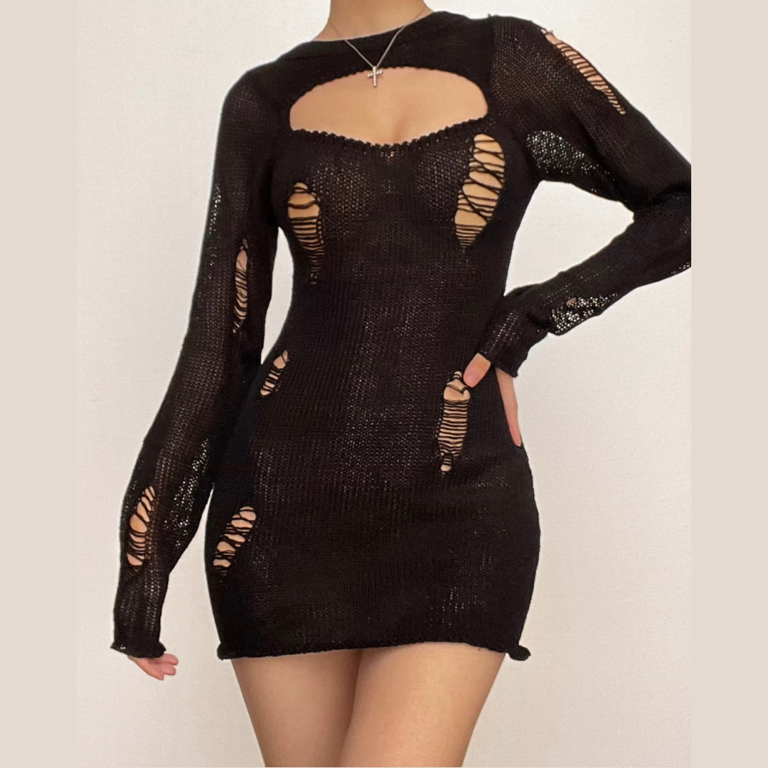 Crochet hollow out solid long sleeve cut out mini dress