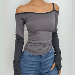 Drawstring one shoulder gloves off shoulder long sleeve top