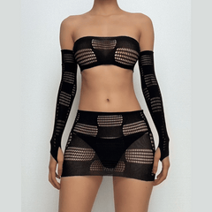 Gloves fishnet patchwork tube mini skirt set