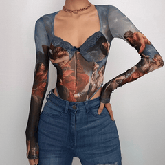 Abstract contrast mesh long sleeve lace hem bodysuit