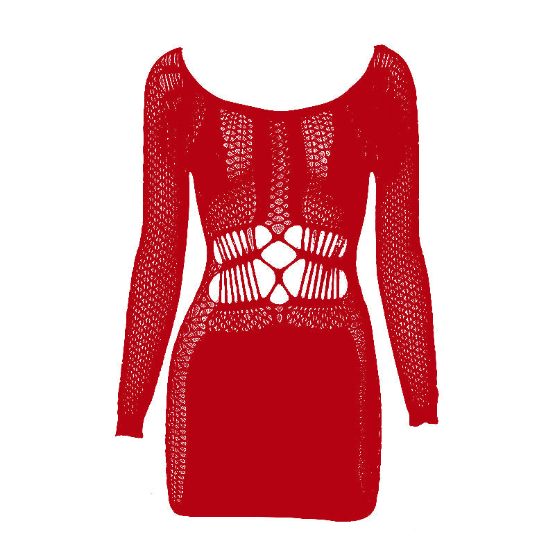 Fishnet long sleeve hollow out see through cut out mini dress