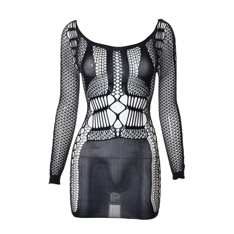 Fishnet long sleeve hollow out see through cut out mini dress