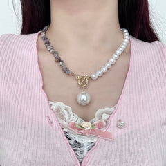 Faux pearl beaded pendant stone necklace