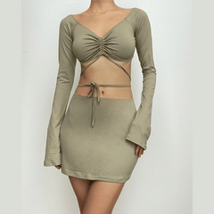 Drawstring off shoulder long sleeve solid mini skirt set