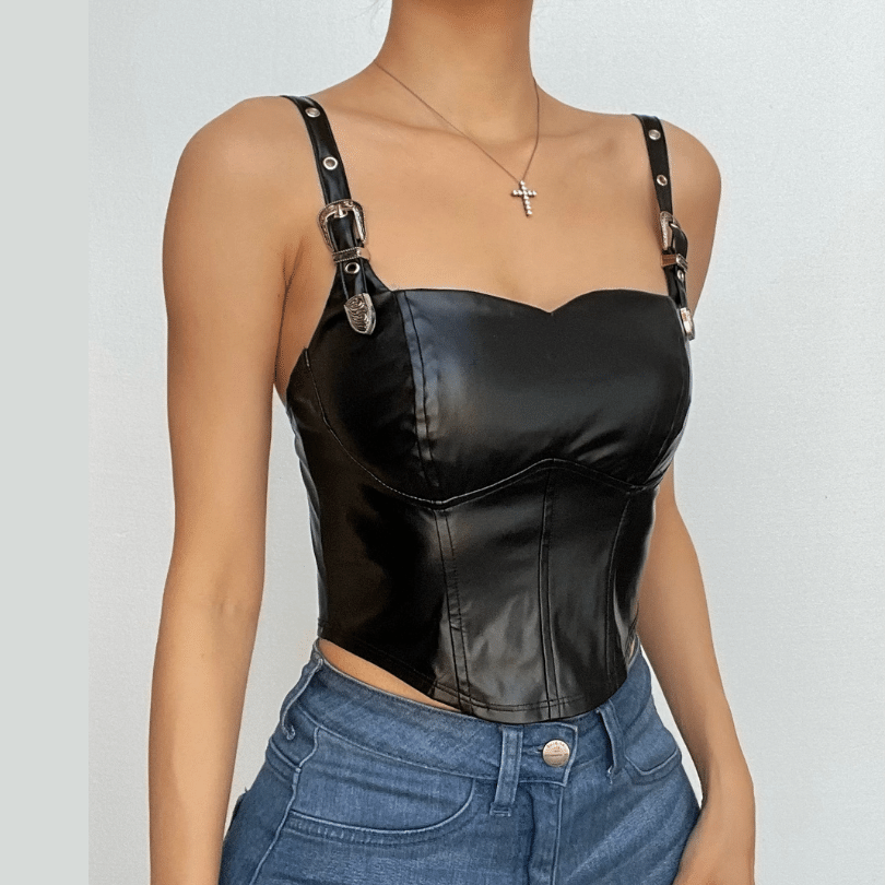 Buckle solid PU leather zip-up backless crop top