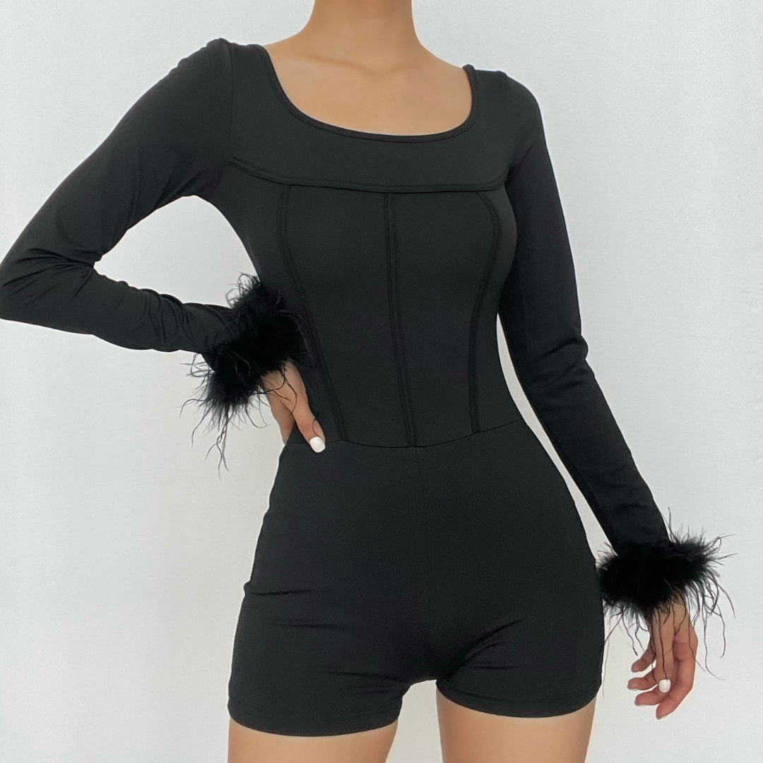 Feather corset long sleeve backless solid romper- Final Sale