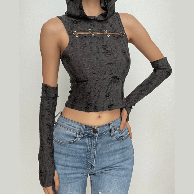 Gloves textured sleeveless solid hoodie o ring crop top