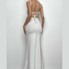 Backless hollow out low cut self tie solid cami cut out maxi dress