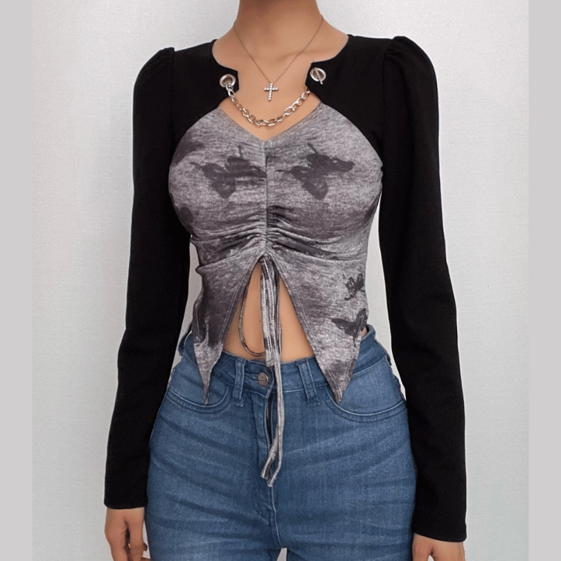 Drawstring tie dye contrast patchwork long sleeve metal chain crop top