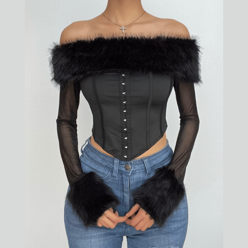 Long sleeve mesh bustier feather button off shoulder bustier crop top