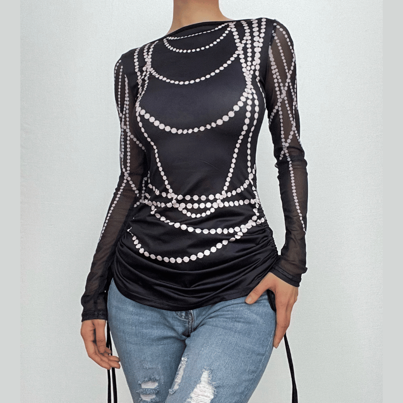 Drawstring long sleeve beaded print contrast backless top