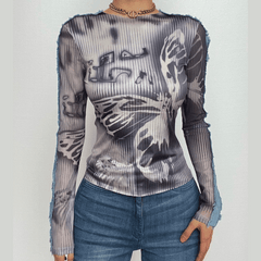 Denim patchwork tassels contrast long sleeve top