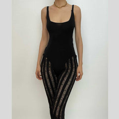 Crochet solid sleeveless hollow out backless low cut jumpsuit - Final Sale