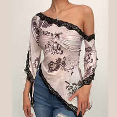 Long flared sleeve lace hem off shoulder o ring ruched print irregular top