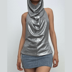 Metallic metal chain cowl neck ruched hoodie backless top