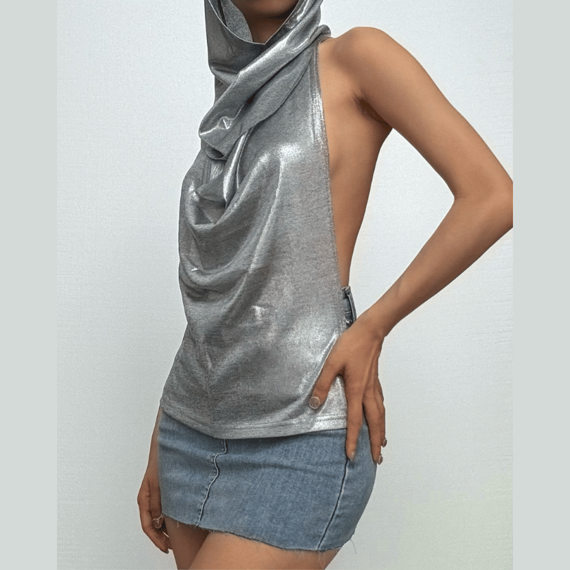 Metallic metal chain cowl neck ruched hoodie backless top