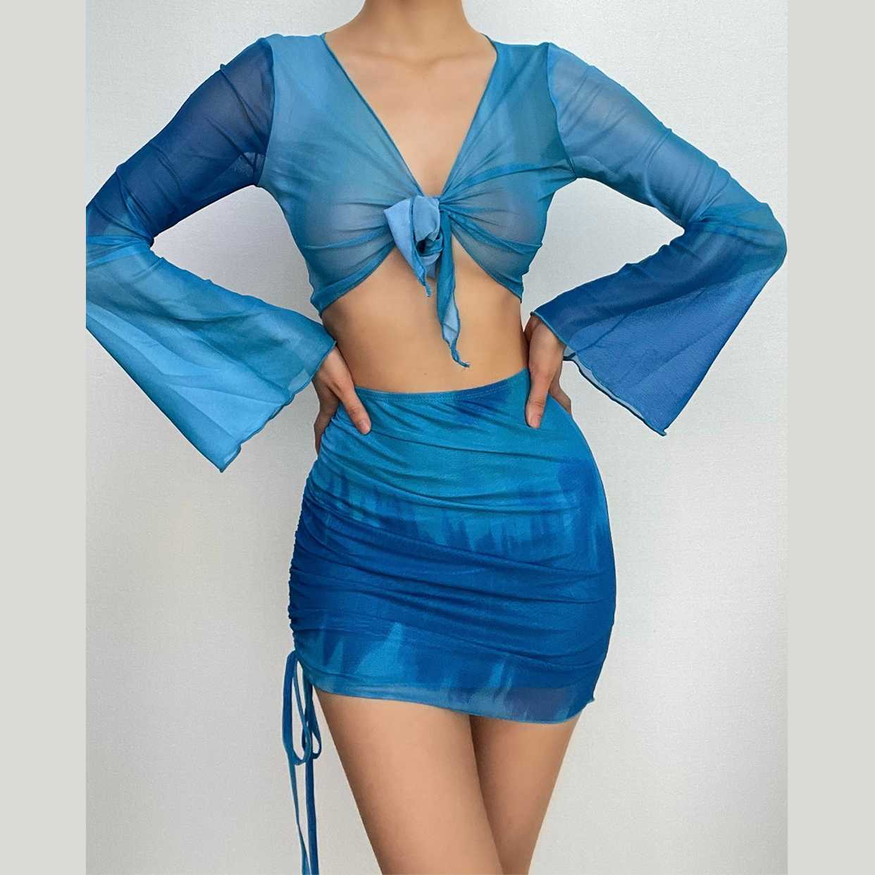 Flared sleeve mesh see through skirt set