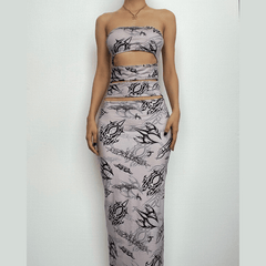 Abstract contrast hollow out backless tube cut out maxi dress