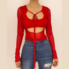 Long sleeve solid mesh hoodie self tie hollow out crop cut out top