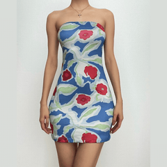 Backless sleeveless flower print contrast tube mini dress