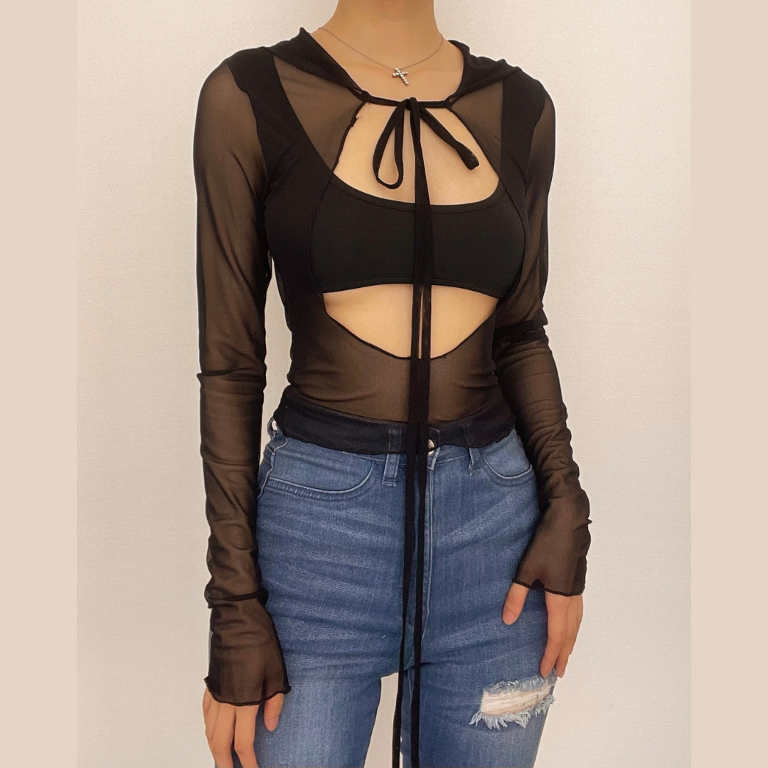 Long sleeve solid mesh hoodie self tie hollow out crop cut out top