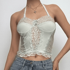 Halter lace bustier sweetheart neck patchwork top