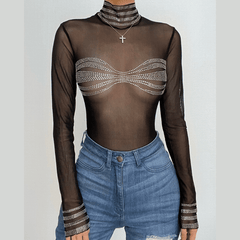 Beaded high neck long sleeve sheer mesh see through bodysuit