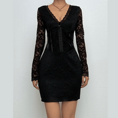 Long sleeve button bustier lace mini dress