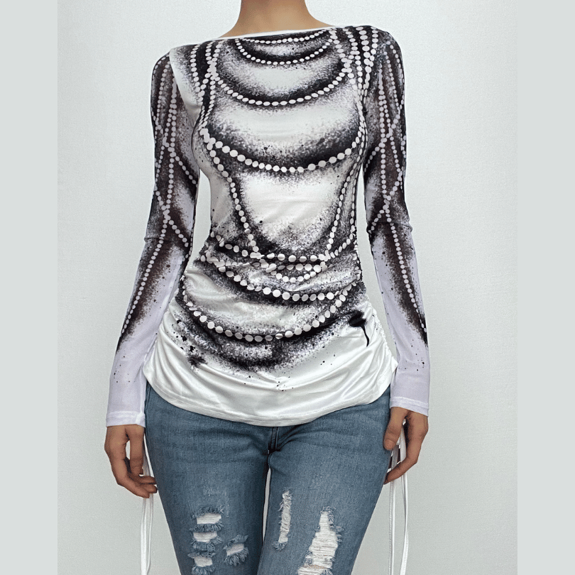 Drawstring long sleeve beaded print contrast backless top