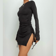 Drawstring slit long sleeve crewneck solid mini dress