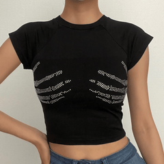 Beaded palm pattern cap sleeve crewneck crop top