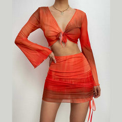 Flared sleeve mesh see through skirt set