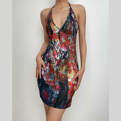 Backless halter self tie v neck contrast print mini dress