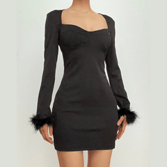 Feather patchwork solid long sleeve low cut mini dress