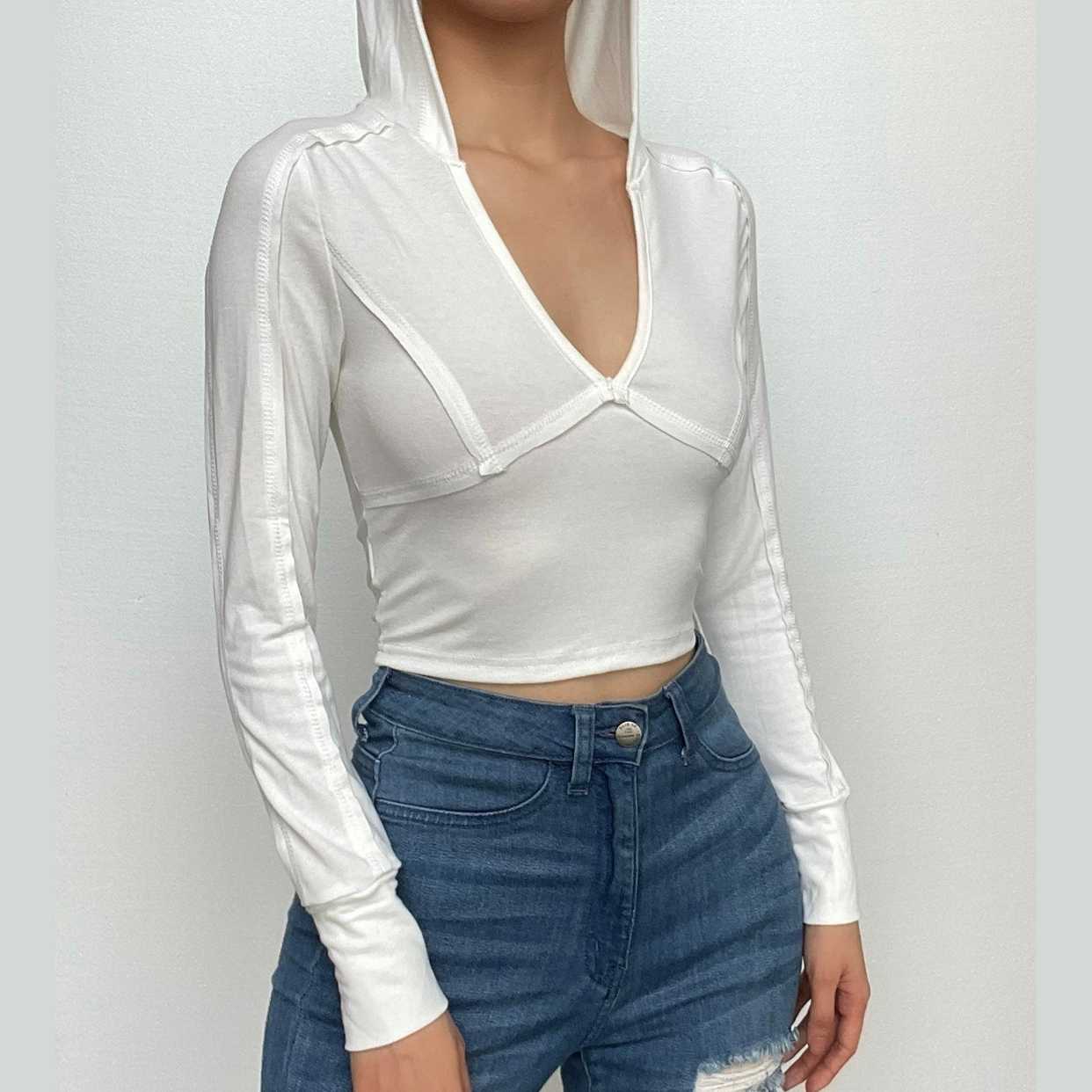 Long sleeve v neck stitch hoodie solid crop top- Final Sale