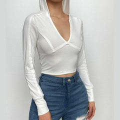 Long sleeve v neck stitch hoodie solid crop top- Final Sale