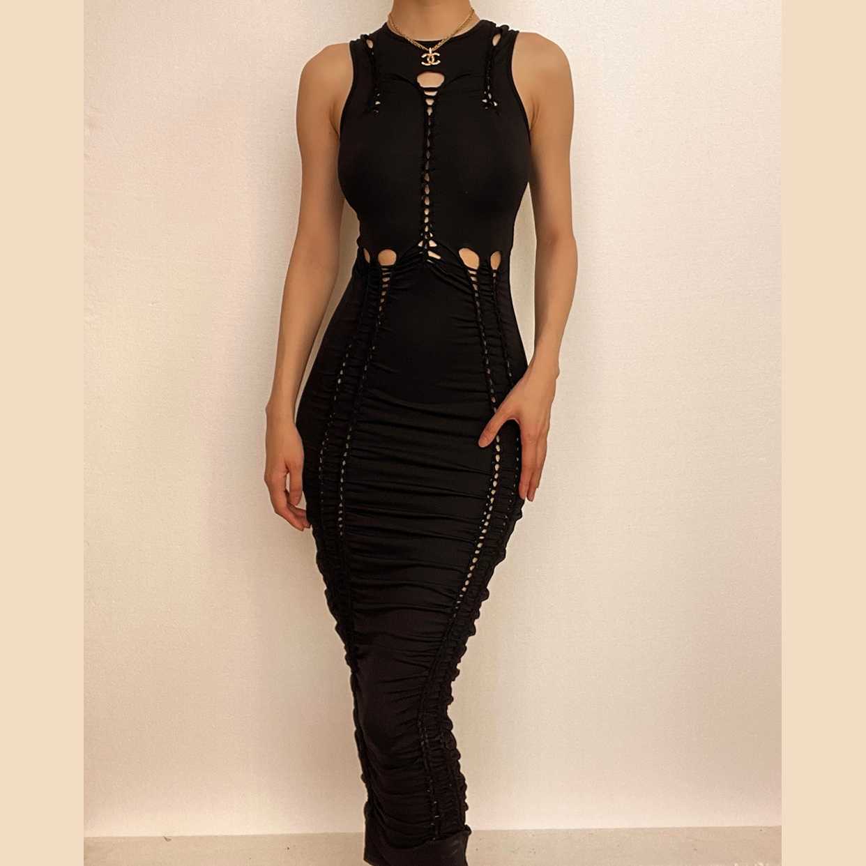 Crewneck sleeveless hollow out solid ruched cut out maxi dress