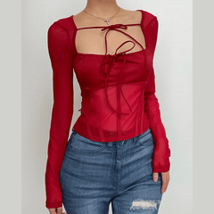 Mesh solid long sleeve square neck self tie corset backless top