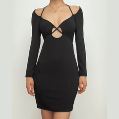 Cross front self tie halter solid long sleeve notch neck mini dress