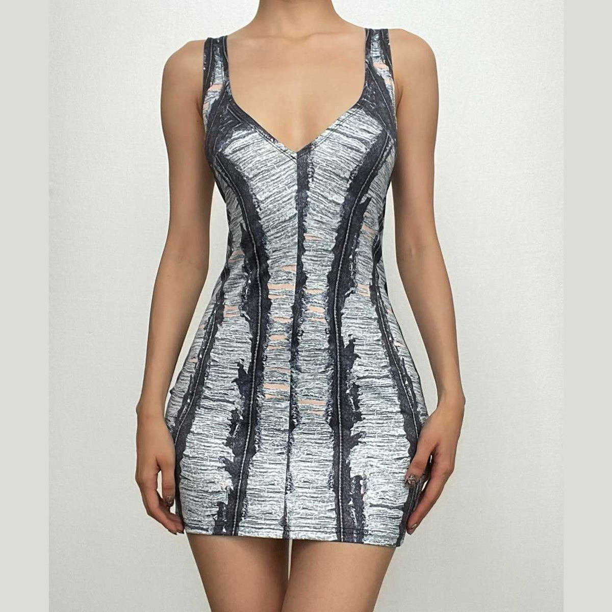 Denim print v neck backless contrast sleeveless mini dress