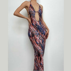 Backless hollow out halter self tie contrast print cut out maxi dress