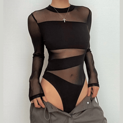 Crewneck long sleeve mesh patchwork irregular bodysuit