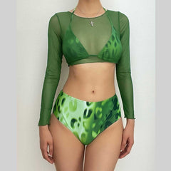 Leopard print long sleeve mesh halter self tie 3 piece swimwear